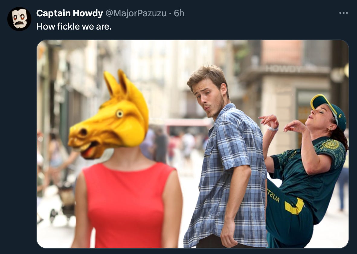 A tweet from @majorpazuzu of the jealous girlfriend meme; the jealous girlfriend is Raygun the breakdancing Olympian, the girl he's looking at has the head of the terrifying horse from the "We Live In Time" promotional shot