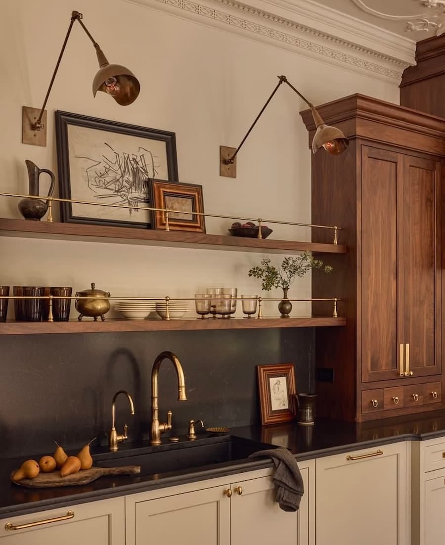 kitchen with wooden units and brass and copper accessories