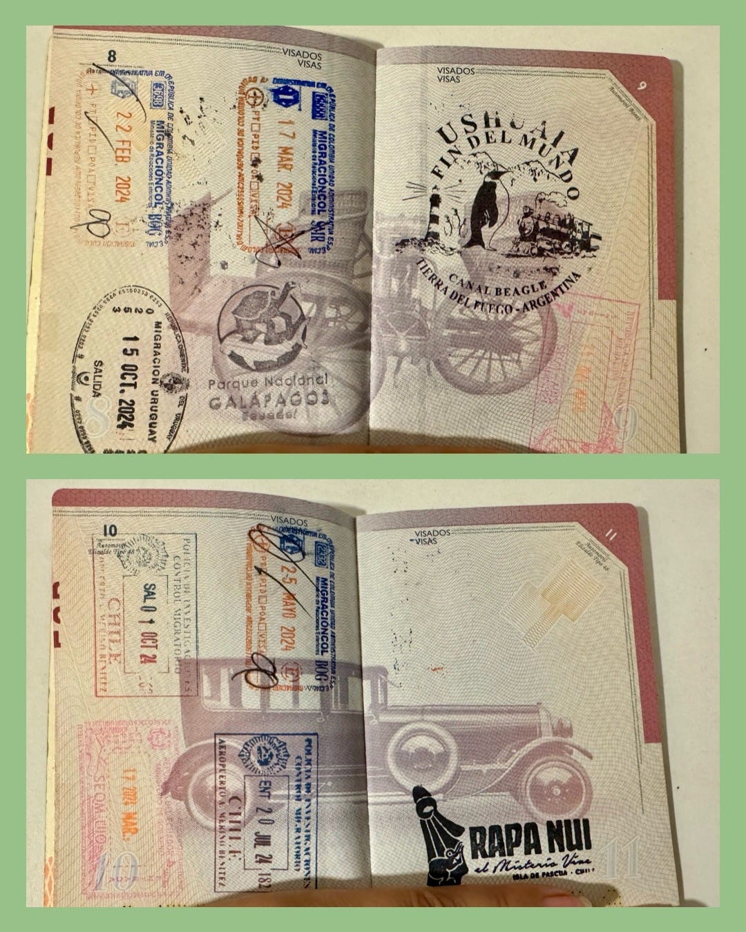 2 fotos de hojas de pasaporte con sellos ordinarios y sellos extraoficiales de Tierra de Fuego, Rapa Nui y Galápagos. Foto propia.
