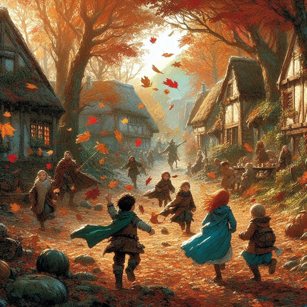 children running around throwing autumnal leaves, wooded village, dungeons and dragons fantasy drawing