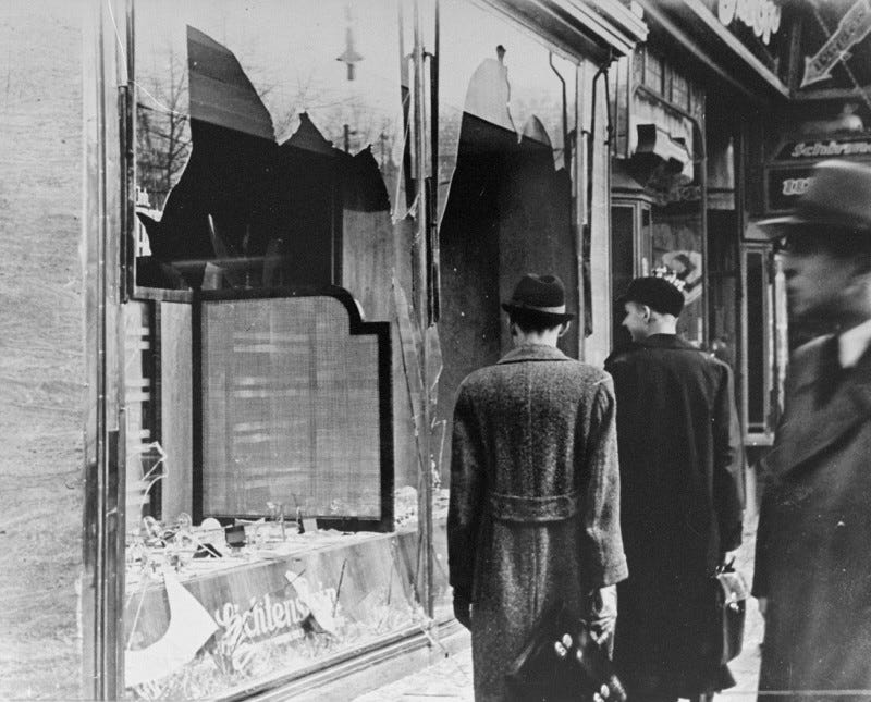 <p>Shattered storefront of a Jewish-owned shop destroyed during <a href="/narrative/4063"><em>Kristallnacht</em> </a>(the "Night of Broken Glass"). Berlin, Germany, November 10, 1938.</p>