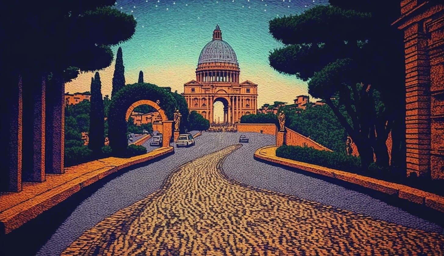 Midjourney prompt: all roads lead to rome pointillism art style