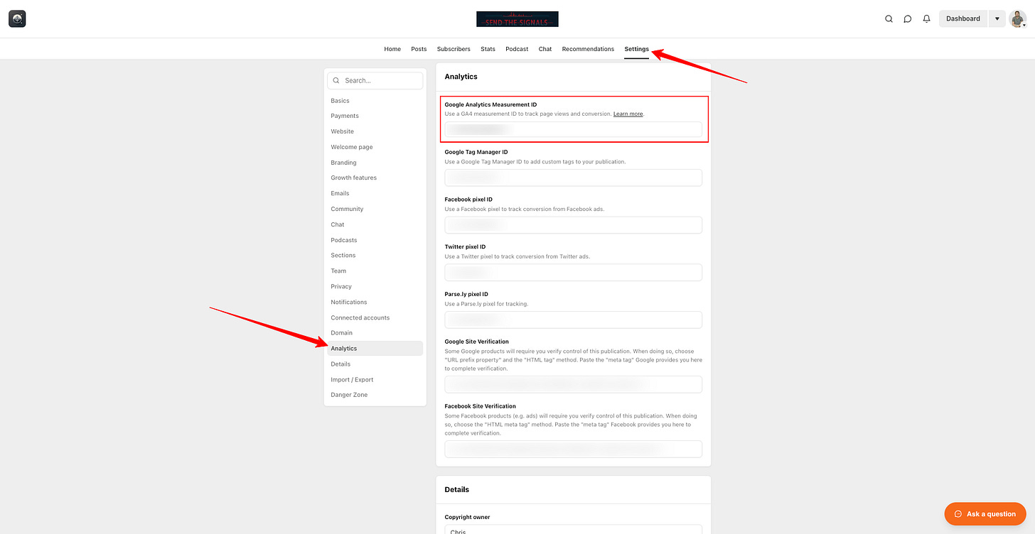 Substack analytics settings menu for setting up Google Analytics in Substack