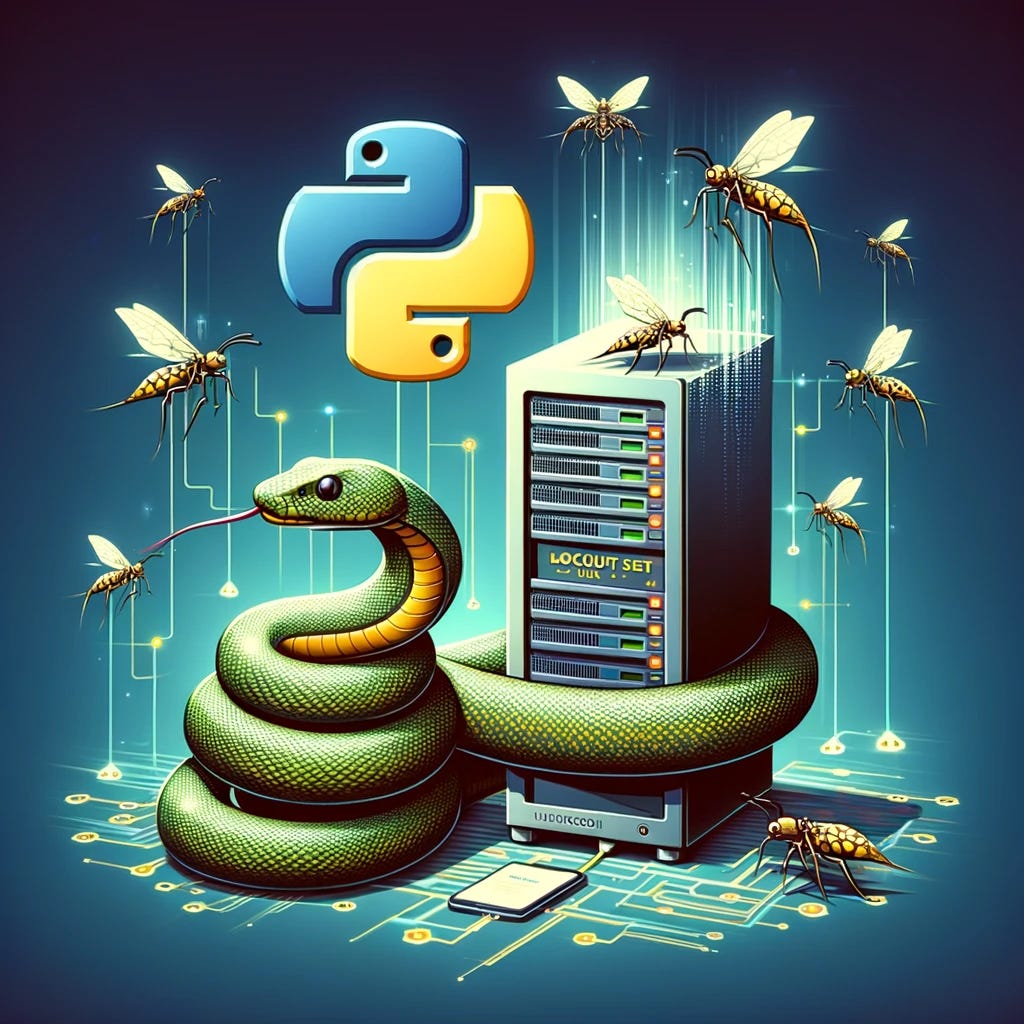 An illustration representing the concept of load testing in Python using the Locust library. The image should feature a stylized python snake wrapped around a computer server, symbolizing the stress test. The server should look robust and emit digital signals, indicating activity. The Locust library can be represented by a swarm of digital locusts surrounding the server, applying load to it. The background should be a digital landscape, representing a network or cyberspace. Include Python and Locust logos subtly in the composition.