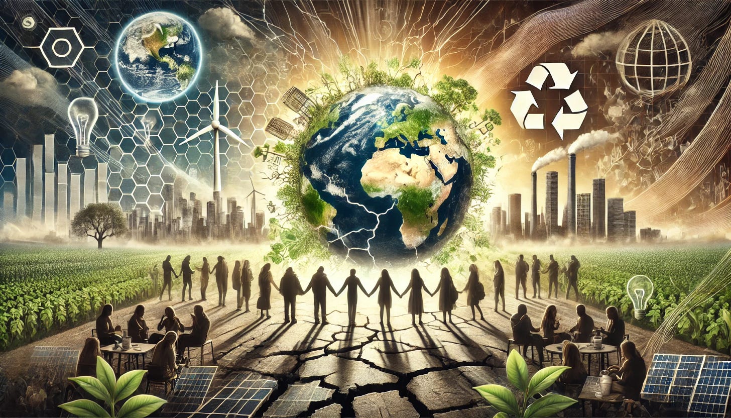 A thought-provoking newsletter image representing global socio-economic challenges and sustainability themes. The image features a symbolic Earth in the center with cracks and fractures, surrounded by key elements such as silhouetted skyscrapers (representing economic systems), green foliage and renewable energy symbols (for sustainability), and a diverse group of people holding hands (symbolizing unity and resistance). In the background, subtle contrasts of storm clouds and sunlight symbolize the tension between despair and hope. The overall tone is serious but with a hint of optimism, highlighting the need for collective action.