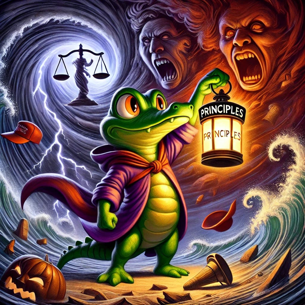 A small, anthropomorphic gator named Croaky standing firm against a swirling storm. Croaky holds a glowing lantern labeled 'Principles,' which casts a warm, steady light through the chaos. The storm features symbolic elements like swirling red hats, broken scales of justice, and screaming faces, representing populist rage and institutional erosion. Croaky looks determined and resolute, emphasizing his role as a steadfast figure. The scene is dramatic, with dark clouds and intense wind, but the lantern's glow creates a focal point of hope and clarity. The style is Pixar-Disney inspired, with vibrant details and expressive features.