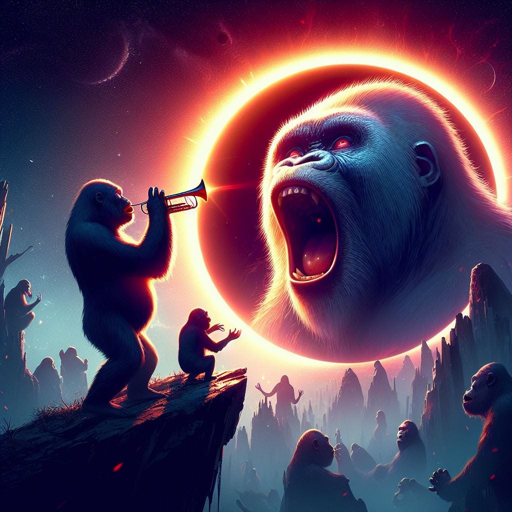 Total Eclipse and giant apes singing, digital art