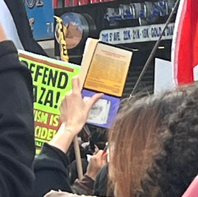 A protestor holds up a yellow and purple edition of Fanon's Wretched of the Earth during a protest calling for a ceasefire in the fighting against Gaza.