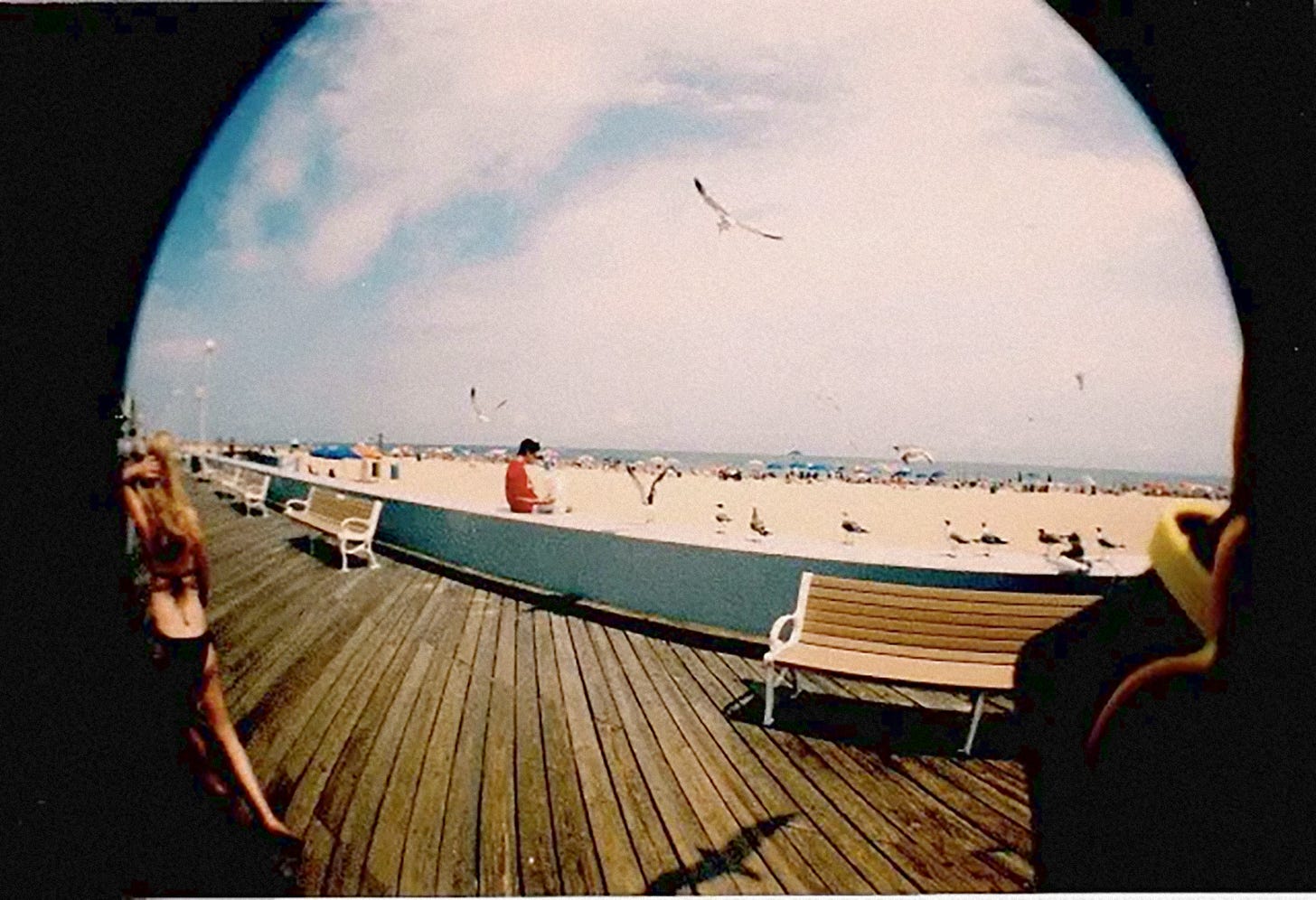 lomography fisheye 35mm snapshot showing a boardwalk and a seagull flying in the center. The seagulls shadow hits right at the bottom center of the photograph. The sky is bright blue and full of clouds. In the left corner, you can see a hint of a blond girl in a bathing suit walking away. In the right corner, you can see part of the photographer's hand and the bright yellow strap of the lomography fisheye camera.