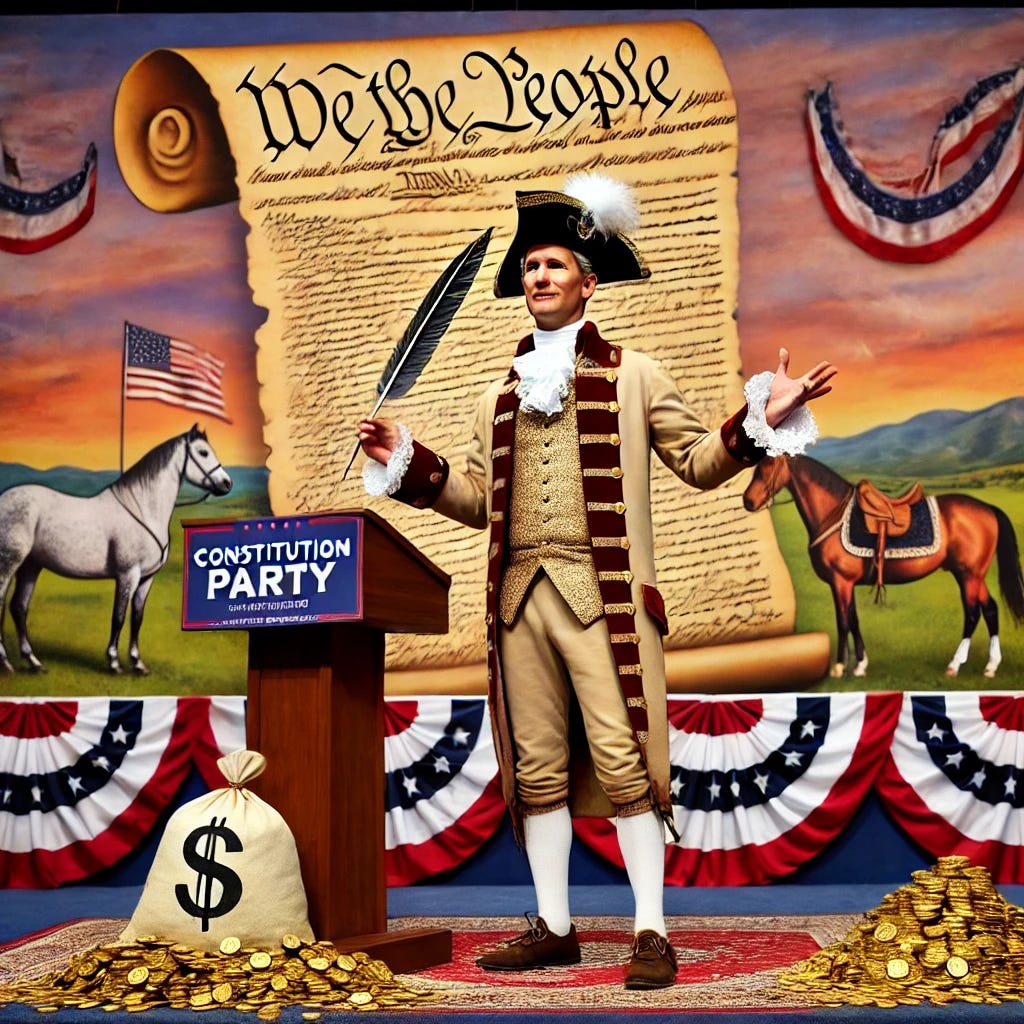 A humorous, satirical depiction of Randall Terry, a Constitution Party presidential candidate, dressed in 18th-century clothing similar to the Founding Fathers, standing in front of a podium on a modern campaign stage. Behind him is a backdrop of horses grazing, gold coins spilling out of bags, and a large, comical scroll of the U.S. Constitution. He is holding a quill pen and gesturing dramatically. The scene is both funny and surreal, blending the old-fashioned aesthetic with the absurdity of a modern-day campaign rally.