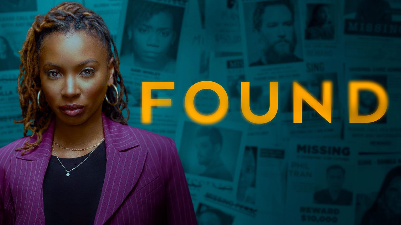 TV poster for the show FOUND featuring Shanola Hampton, actress, who plays the lead, standing in front of a wallpaper of missing persons fliers