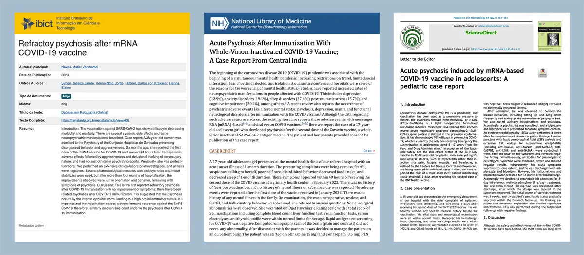 Screenshots of reports on psychotic adverse events in a Brazilian woman (L), an Indian girl (C), and a Taiwanese boy. (Screenshots via The Epoch Times)