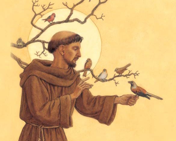 An illustration of Saint Francis with the sun behind him, and branches full of birds