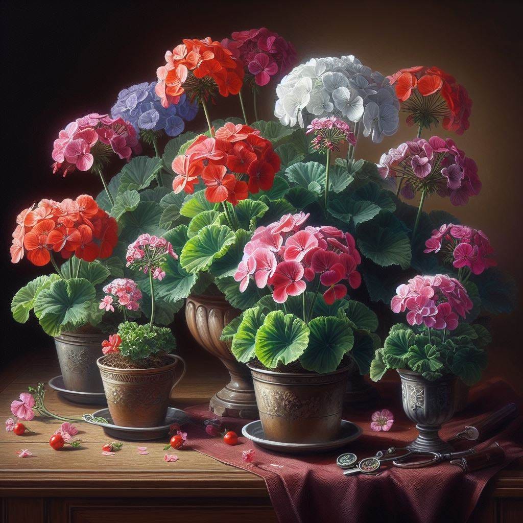 A realistic still life painting of a mix of flower pots with several different geranium flowers. The flowers are placed on a wooden table with a dark red tablecloth