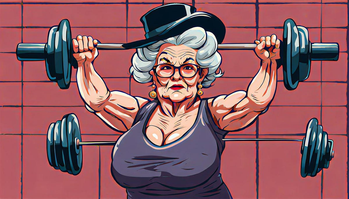 Old lady, in top hat, lifting weights