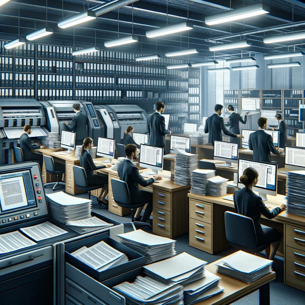 A professional office environment focused on the digital conversion of business records. In the foreground, a team of workers is engaged in scanning paper documents into computers. The room is filled with advanced scanning equipment and large computer monitors displaying scanning software interfaces. Desks are neatly arranged with stacks of folders and documents waiting to be digitized. The atmosphere is busy yet organized, with employees concentrating on their tasks. Overhead lights illuminate the workspace, emphasizing the contrast between the physical documents and their digital counterparts on the screens.