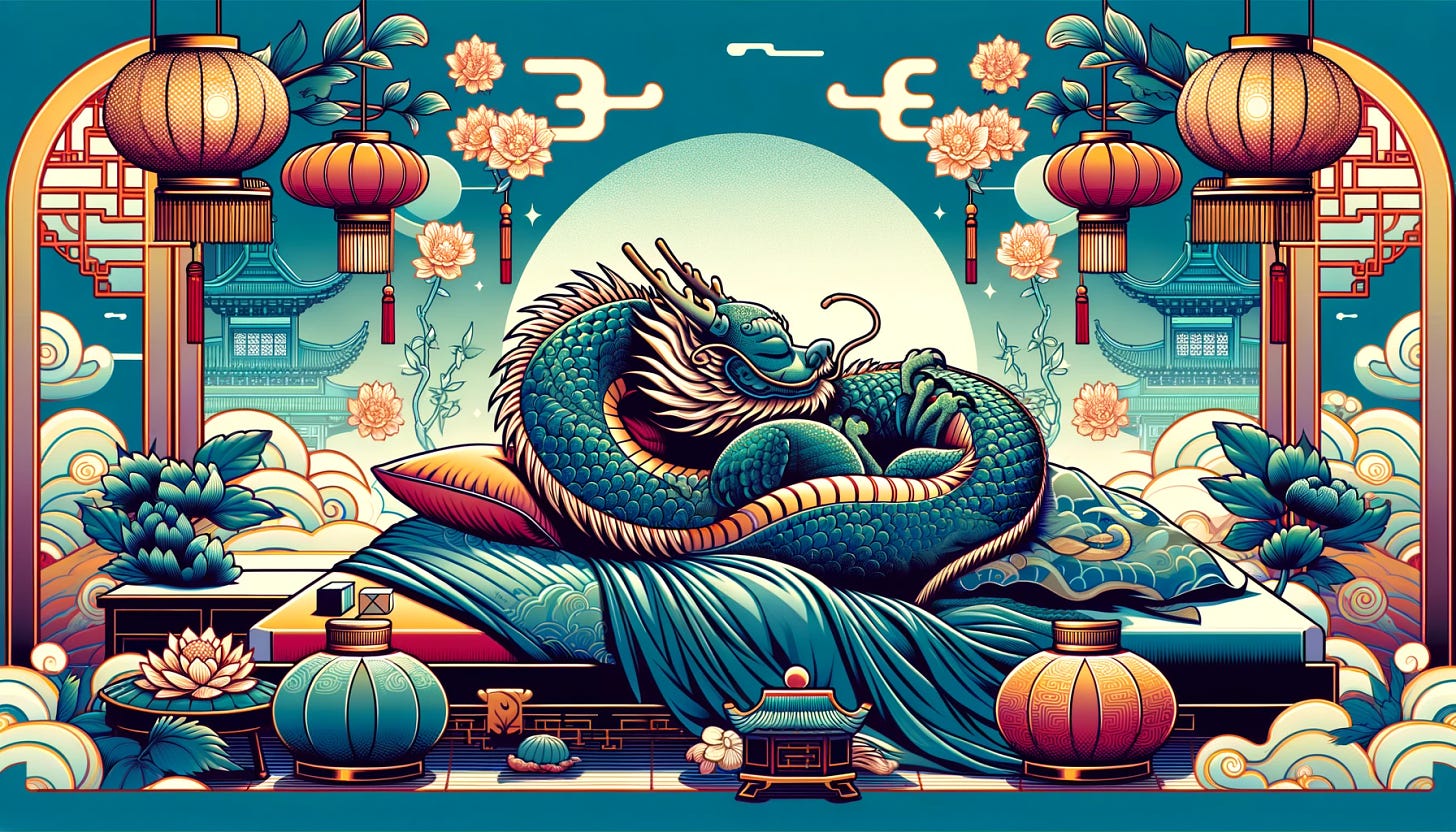 A Chinese dragon peacefully sleeping on a bed, surrounded by serene and calming elements like soft pillows and blankets. The dragon should appear relaxed, with intricate scales and a majestic tail curled around the bed. There should be a quiet and tranquil atmosphere with soft lighting and a hint of Asian design details in the background, such as elegant lanterns or bamboo plants. The image should have a dreamy and peaceful tone, with vibrant colors and a stylized pop-art design.