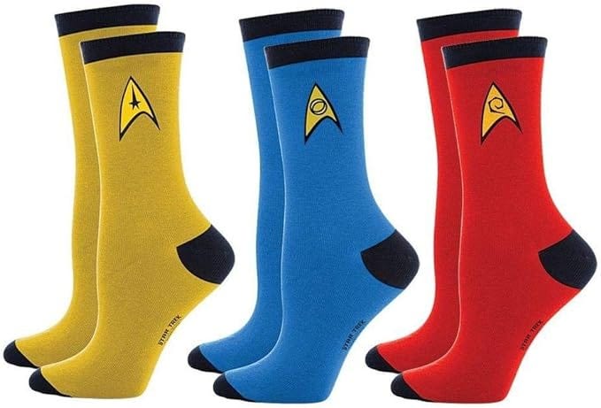 Star Trek Uniform Socks -- Command - Science - Engineering -- Set Of 3 Pairs, Assorted Colors, Men&#39;s 9-12