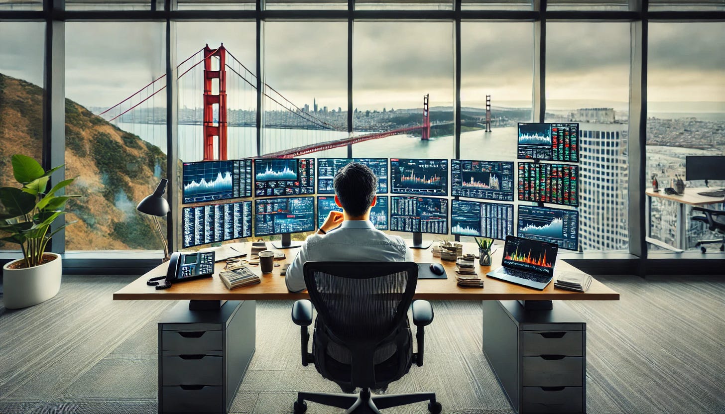 Wide view from behind an Asian man sitting in a chair at his desk in an office, with multiple computer screens in front of him displaying various markets and other activity. Behind the screens, there are large windows showing a panoramic view of San Francisco and the Golden Gate Bridge. The man is actively thinking about how to make more money, with a focused and thoughtful posture. The office is modern, and the scene captures the bustling cityscape and iconic bridge through the windows.