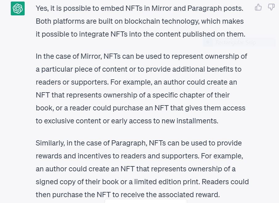 ChatGPT Paragraph Mirror embed NFTs