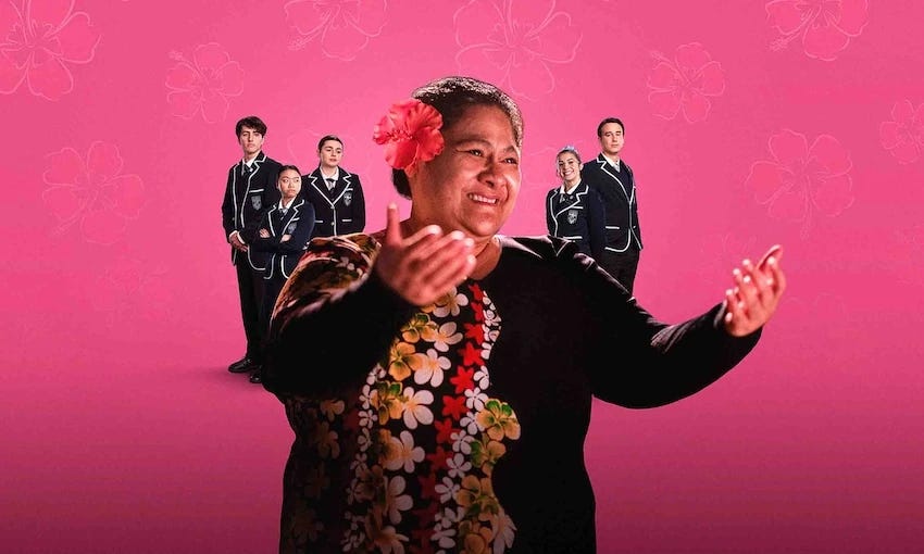 The poster for Tinā the film, a pink background with a woman in Samoan attire front and centre and four uniformed school students on either side of her in the background