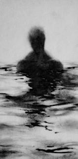 A single human wading in water. It is a piece in the series called Wading by Clara Lieu. The project presents the most severe form of isolation as loneliness that is experienced when physically surrounded by other people.