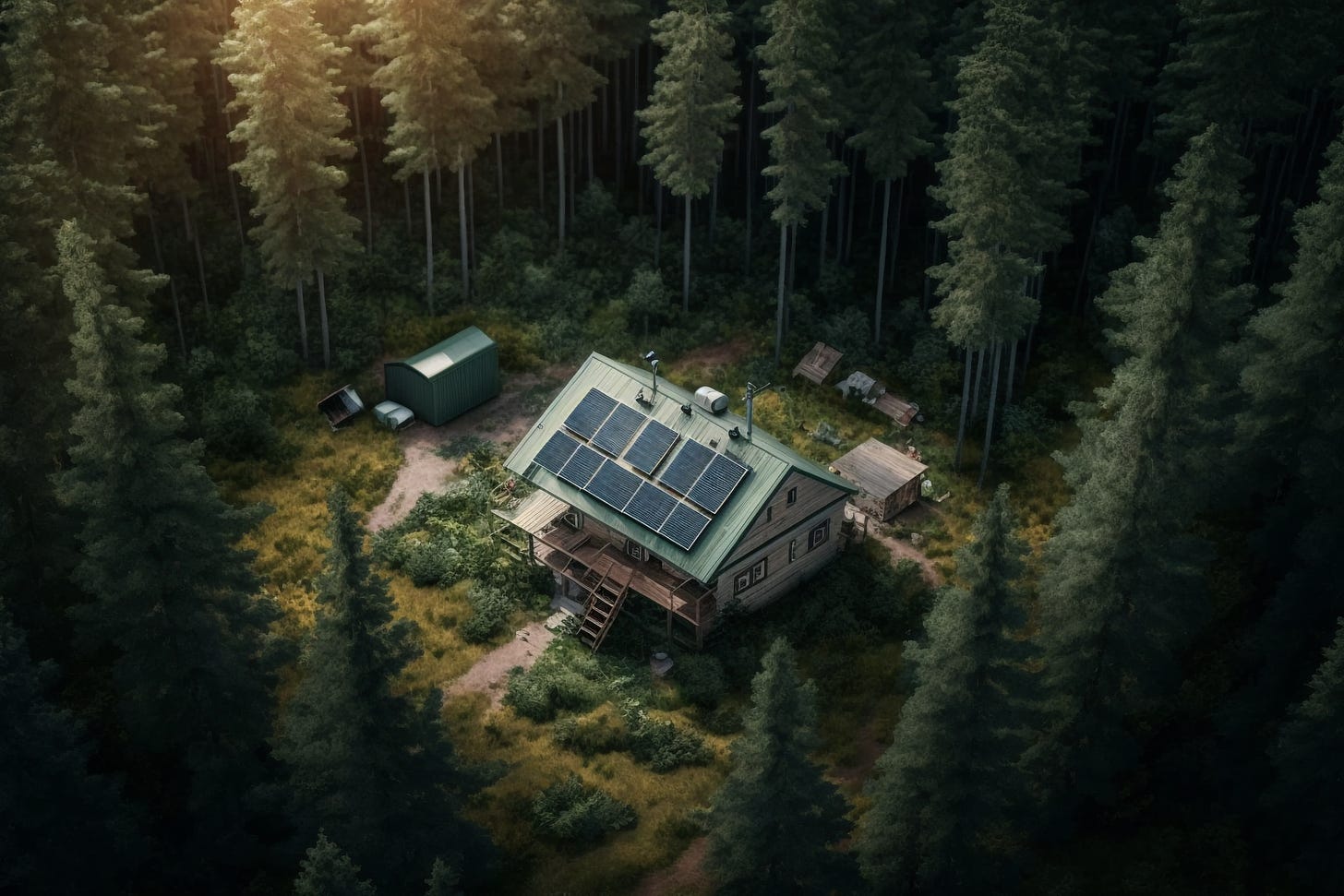 a small cabin is visible in a clearing in the woods, amateur radio antennas and solar panels are visible on the roof