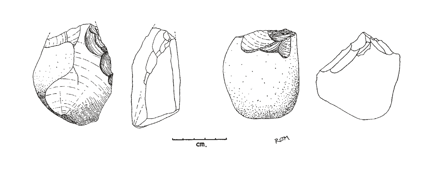 Two Oldowan choppers, each pictured from two different directions