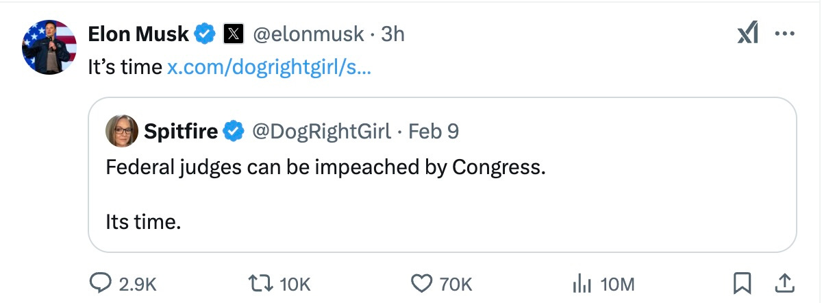   Elon Musk  @elonmusk  ·  4h  It’s time  Spitfire  @DogRightGirl  ·  Feb 9  Federal judges can be impeached by Congress. Its time.