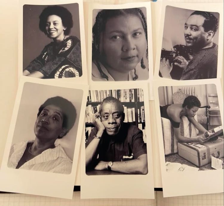 A collage of picture with Nikki Giovanni, bell hooks, Langston Hughes, Audre Lorde, James Baldwin and Maya Angelou