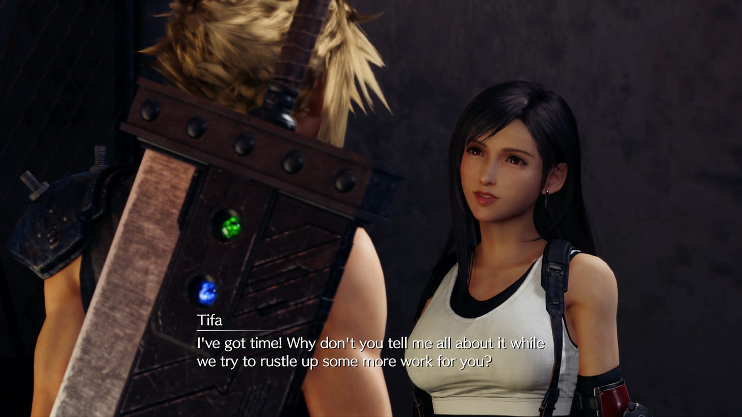 Tifa pressing Cloud in the Beginner's Hall to tell her what happened after he left the village.