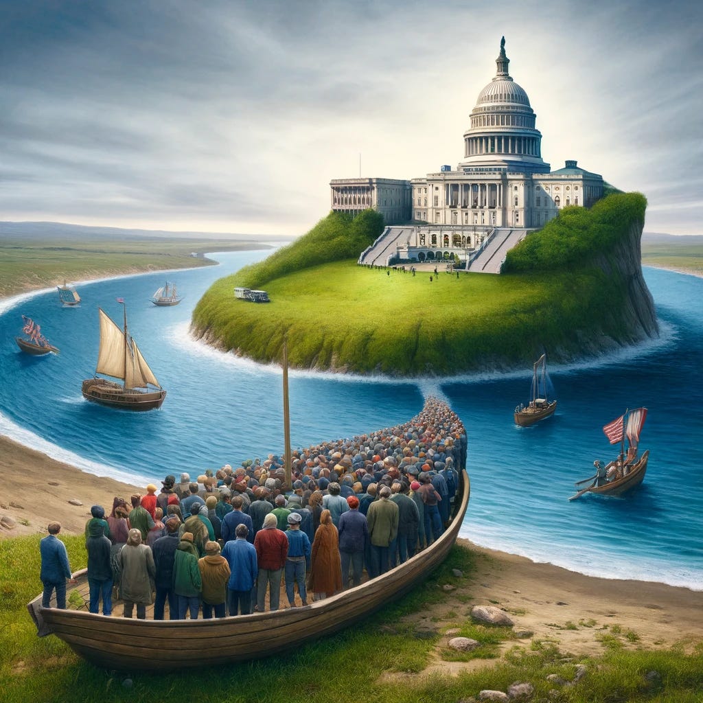 Update the previous image by placing a depiction of the Capitol Building within the small boat on the ocean, symbolizing the federal government. The group of people on the right side, standing on a hill, are now clearly positioned on actual land and soil, emphasizing their connection to the ground. The ocean remains to the left, and the boat with the Capitol Building is still much smaller compared to the hill and the people. This alteration enhances the symbolism of governmental power being distant and smaller compared to the solid and grounded populace on the hill. The scene is dynamic and filled with symbolic meaning, reflecting the contrast between the government and the people.