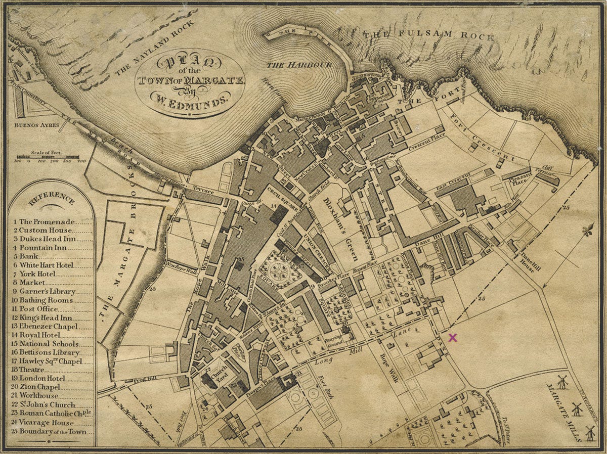 A sepia-toned map of Margate from 1821 with with an X marking the approximate location of the Shell Grotto