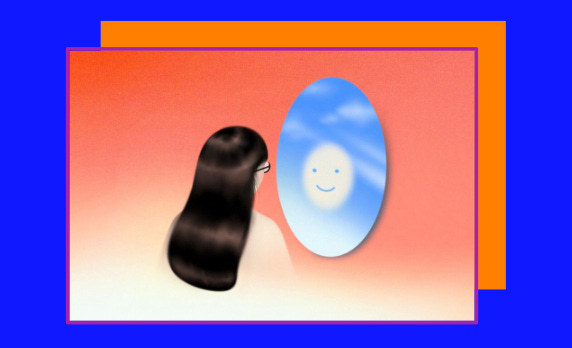 An illustration of a woman with long dark hair and glasses loooking into a round blue mirror. A cloudlike smiley face looks back from the mirror.
