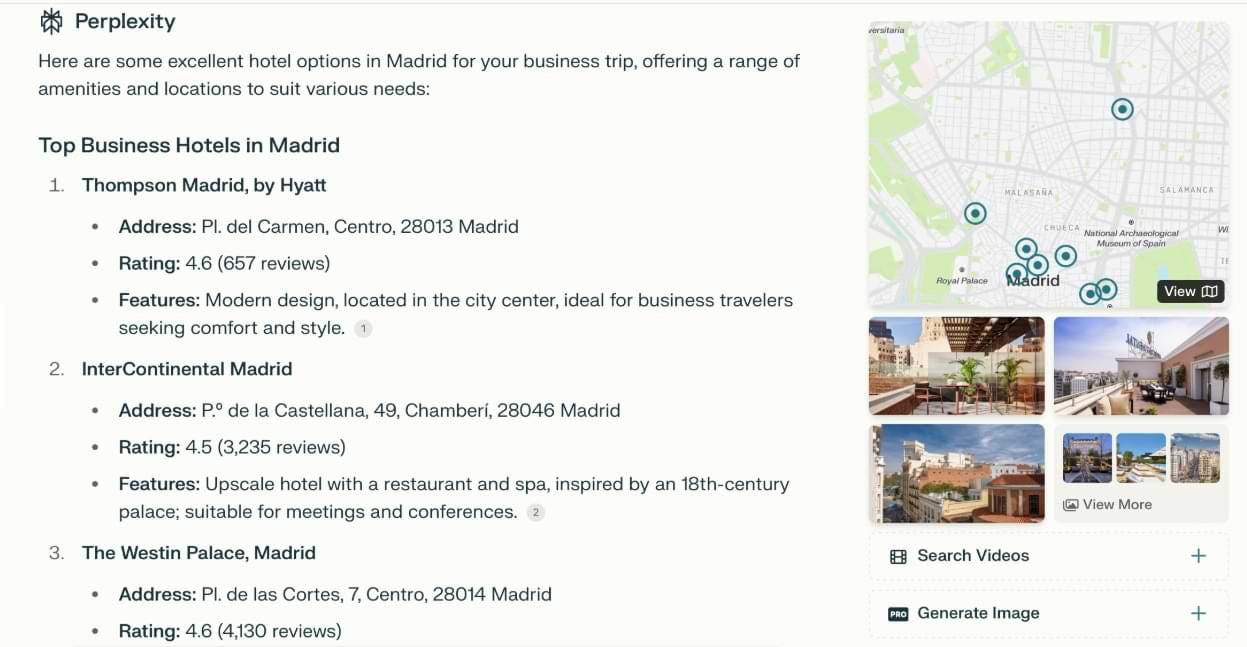 Screenshot of Perplexity AI’s older hotel recommendation interface, showing a simple list of business hotels in Madrid with brief details such as name, address, ratings, and features. The layout is text-heavy, with minimal visual emphasis on individual hotel images or summaries.