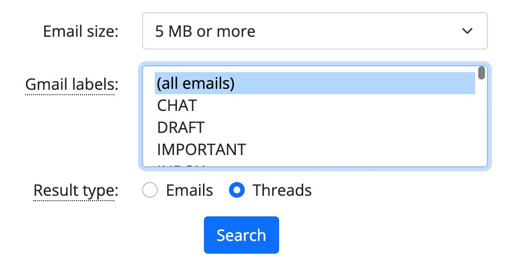 The Unattach simple search UI, showing how to search for threads with emails larger than 5 MB.