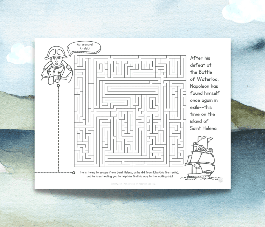 A printable maze is pictured, along with a picture of Napoleon Bonaparte, who wants help escaping from Saint Helena.