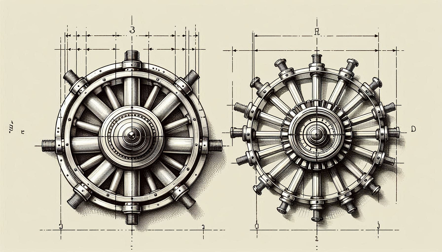 two dimensional side-by-side drawing of two hub and spoke models, one with a large hub and one with a small hub. Image 3 of 4