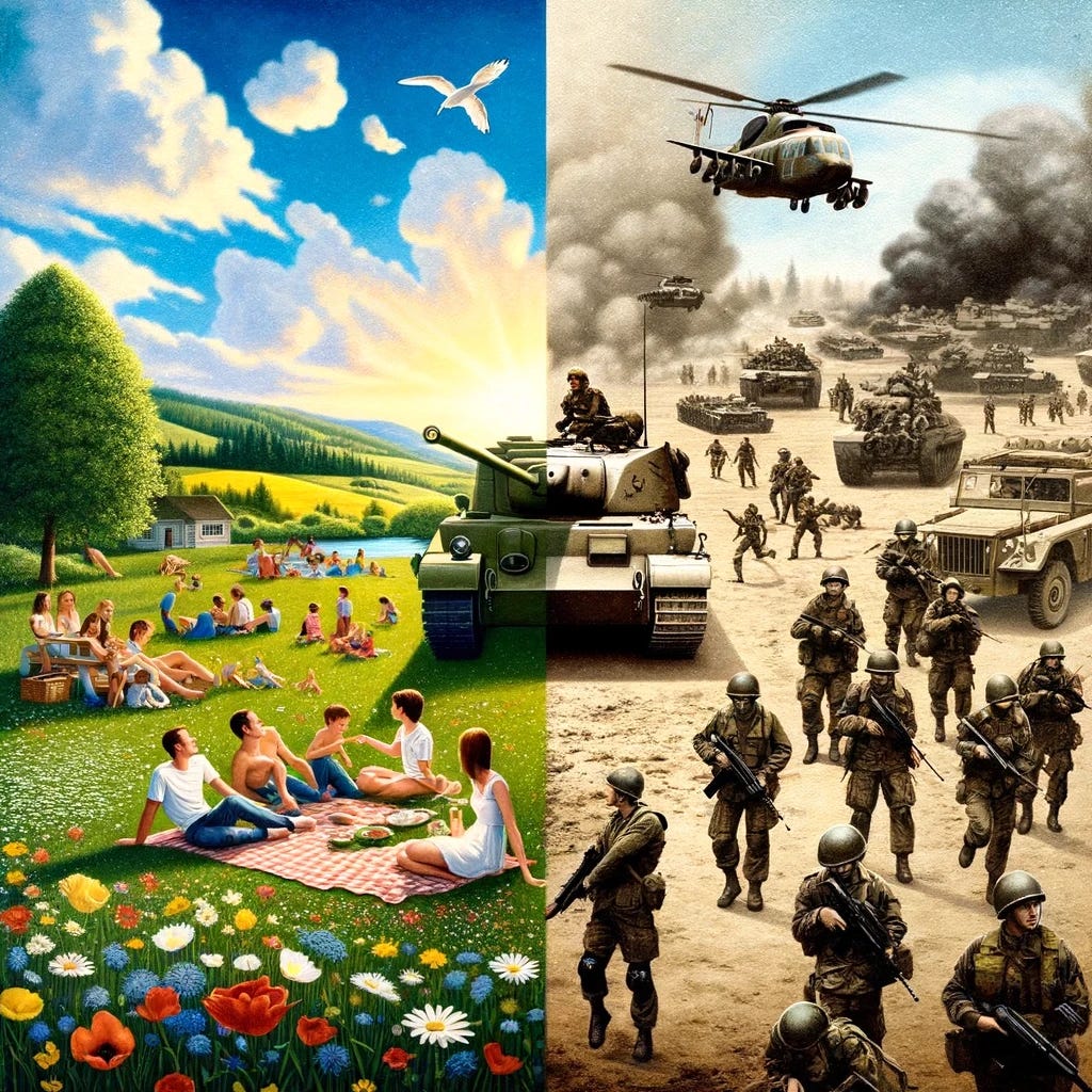 A juxtaposed image divided by a central line. On the left, an idyllic scene of peace with a blooming meadow, people relaxing and picnicking, and children playing under a sunny sky with a few clouds. On the right, a contrasting scene of soldiers in full gear training and preparing for battle, with military vehicles, a training camp, and soldiers performing exercises. The image vividly contrasts the tranquility of peace and the intensity of war preparations.