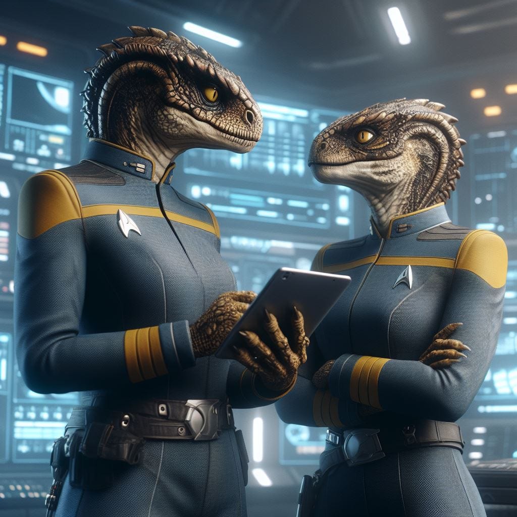 Reptile female starfleet officer in uniform discussing with reptile female cadet in uniform, science fiction 