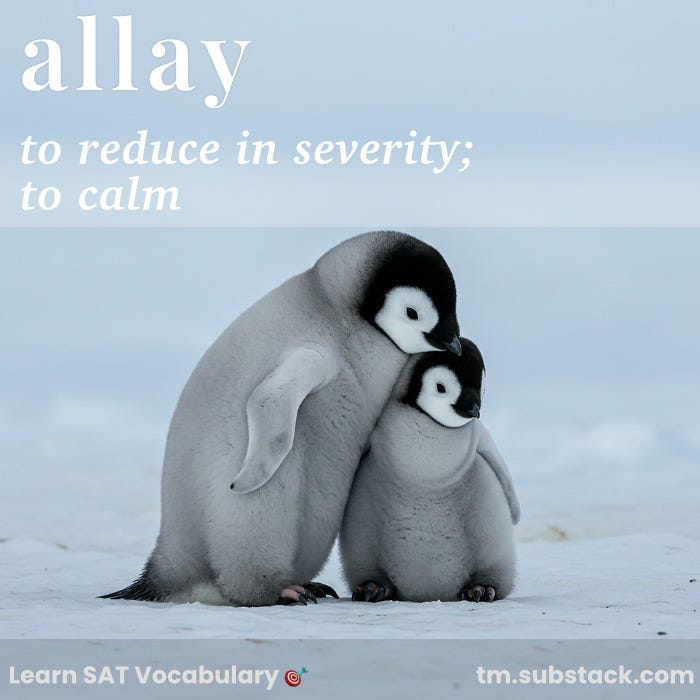 Illustration of a baby penguin comforting another penguin; used to illustrate the SAT word 'allay'.