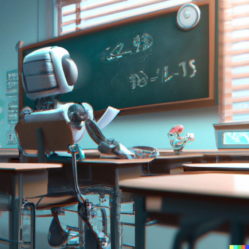 “a robot sitting in a classroom, digital art” / DALL-E