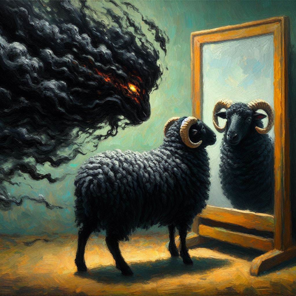 A courageous black sheep with black wool looking at itself in the mirror while being haunted by a amorphous dark aura. Impressionist painting style.