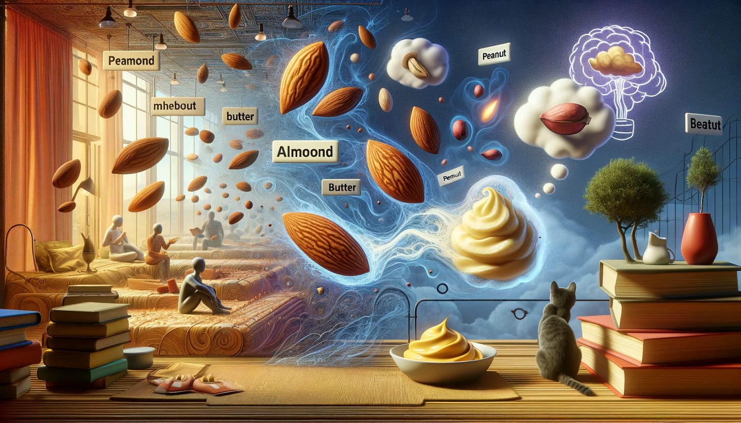 A conceptual image representing the interaction of metaphors in language. Visualize a vast, dream-like space with floating words, 'almond' and 'butter', merging together to create 'almond butter'. Nearby, the words 'peanut' and 'butter' are combining to form 'peanut butter', with a background thought bubble illustrating the confusion and explanation process. Include elements like a bookshelf and a cat, subtly indicating their unexpected relationships with a mat. The scene should capture the essence of blending and selection in mental spaces, where different words and concepts interact and transform, reflecting the intricate process of language and metaphor in the human mind. The overall tone should be whimsical and imaginative, with a focus on the fluidity and dynamism of language.