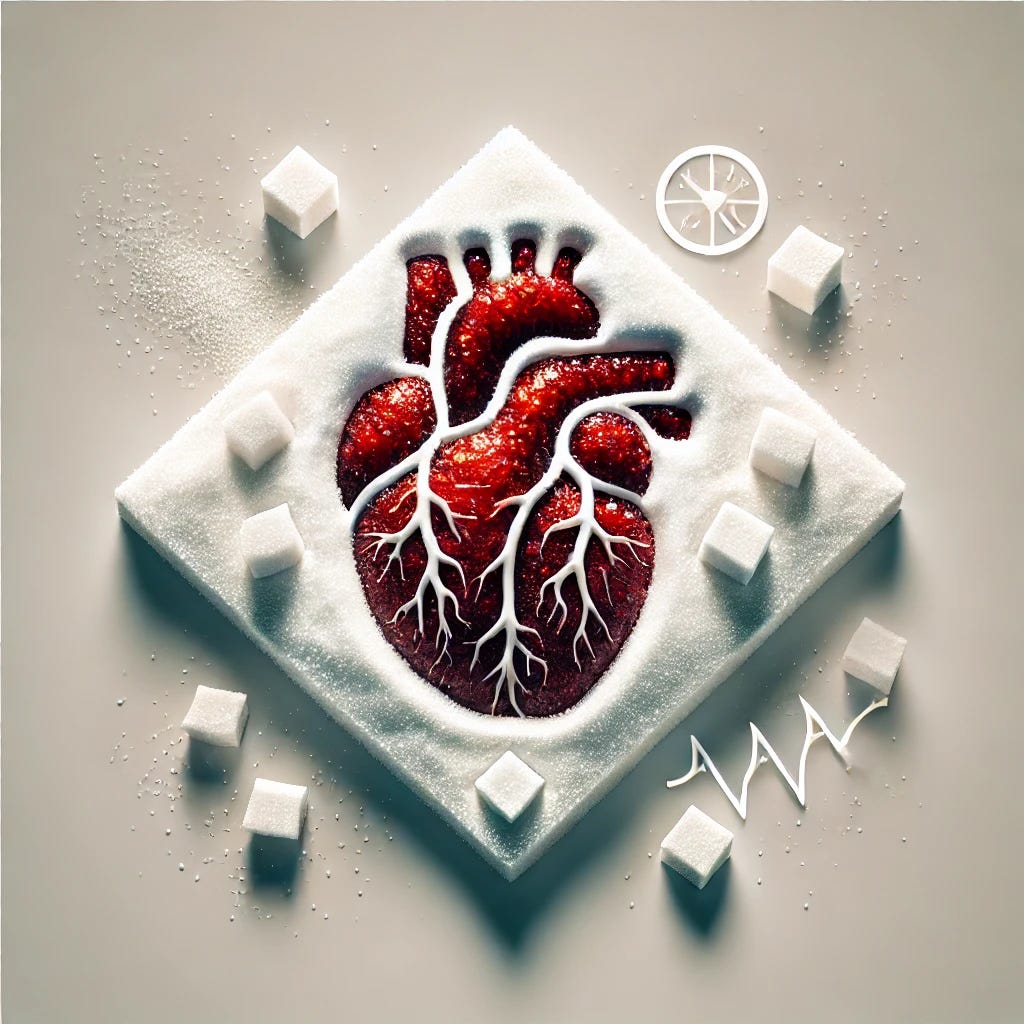 A visually striking square image that depicts the negative impact of sugar on human health without graphic elements. The image should feature refined sugar crystals prominently, along with abstract or symbolic representations of negative health effects, such as an unhealthy heart or brain made of sugar. The overall feel should evoke the idea of harm caused by sugar consumption in a thought-provoking and artistic manner.