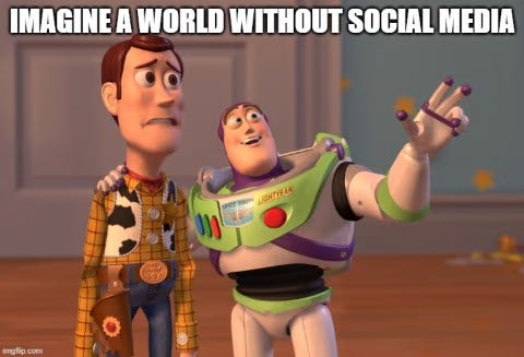 Mem z filmu Příběh hraček. Rakeťák Buzz nadšeně ukazuje do prostoru a vedle něj stojí smutný Woody: Představ si svět bez sociálních sítí