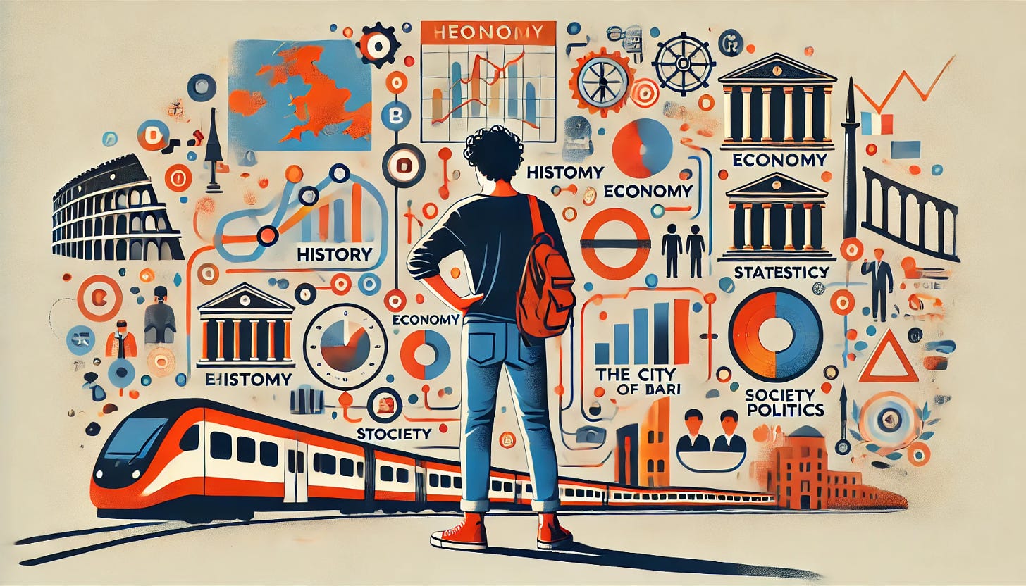 An image that brings order to the harmonious chaos of various elements like maps, history, economy, trains, statistics, the city of Bari, society, and politics, depicted in a flat, minimalist style with solid colors. The scene features a central figure seen from the back, in jeans and a rolled-up sleeves shirt, with curly hair and a backpack, organizing these elements depicted as interconnected symbols and icons around them. Each element is represented visually with clean, simple lines and solid colors: maps for geography, historical artifacts for history, graphs and charts for economy and statistics, trains for transportation, iconic landmarks and architecture for the city of Bari, social interactions for society, and political figures or symbols for politics. The composition is vibrant and dynamic, yet conveys a sense of order and unity among these diverse aspects.