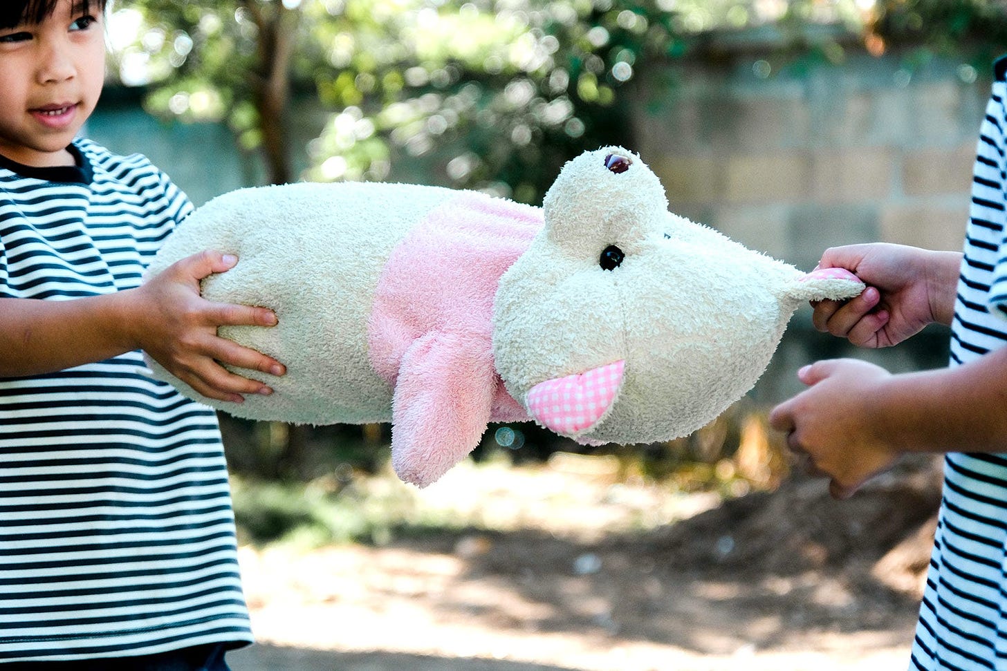 Two young children pull in opposite directions on a teddy bear. 
