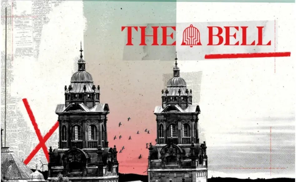 A promotional image for The Bell, the new Glasgow-focused title from local newsletter startup Mill Media. The Bell logo incorporates an image of a bell inlaid with parallel zig-zagging lines, evoking the designs of famous Glaswegian Art Nouveau architect Charles Rennie Mackintosh.