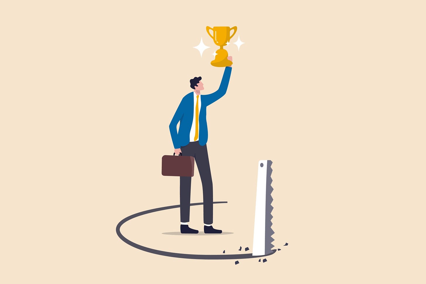 Success trap, problem with career or betrayal in business deal concept,  success businessman holding award winning trophy cup with competitor sawing  floor under neath. 2167462 Vector Art at Vecteezy